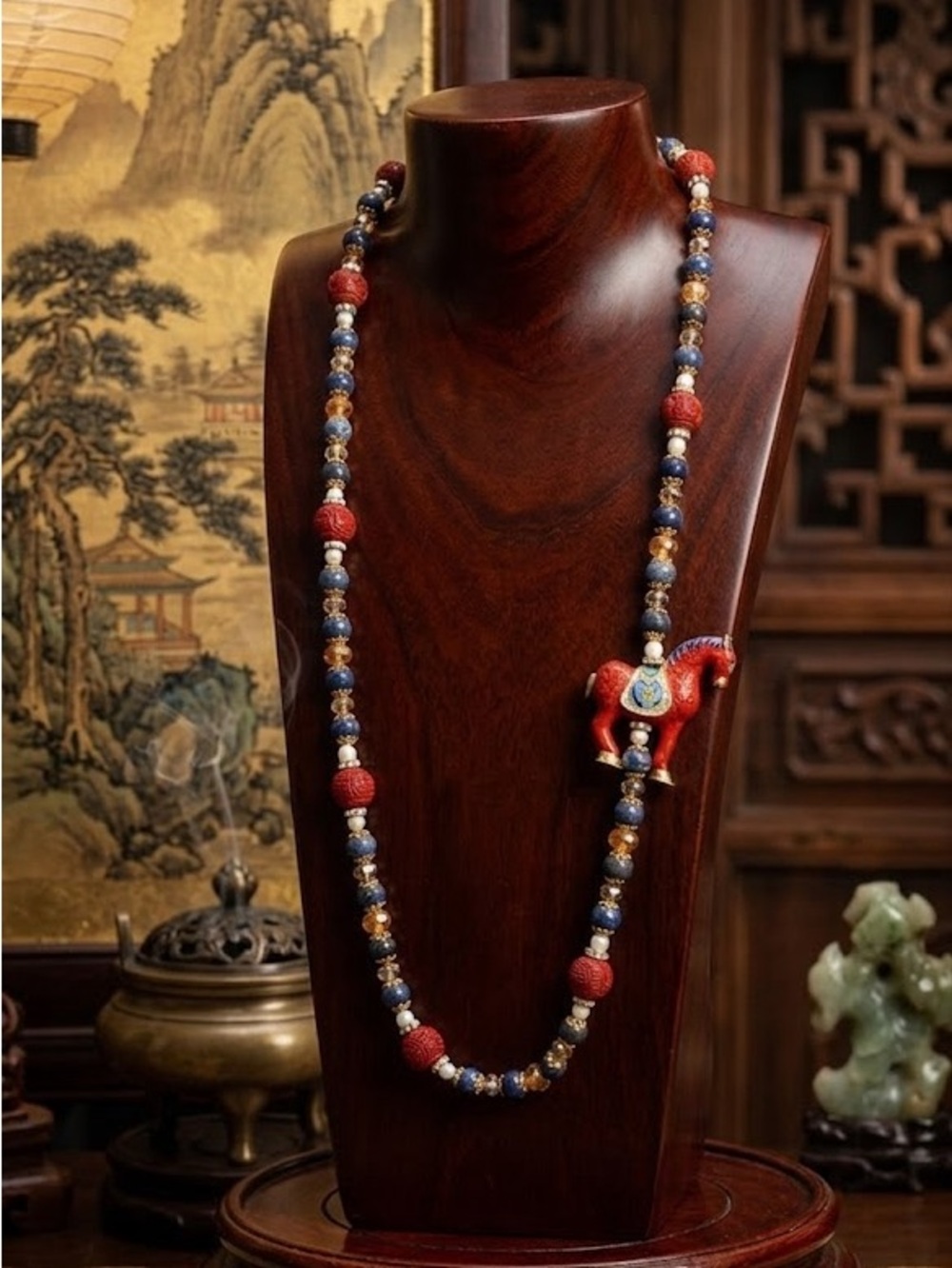 Artisan Cinnabar & Cloisonné Horse with Sodalite & Crackle Glass Beaded Set 🧁